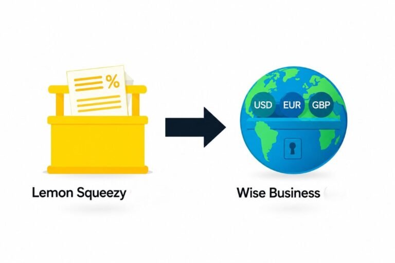 Blue Wise Business globe with USD, EUR and GBP circles points toward the yellow Lemon Squeezy box, illustrating international receipts and digital sales.