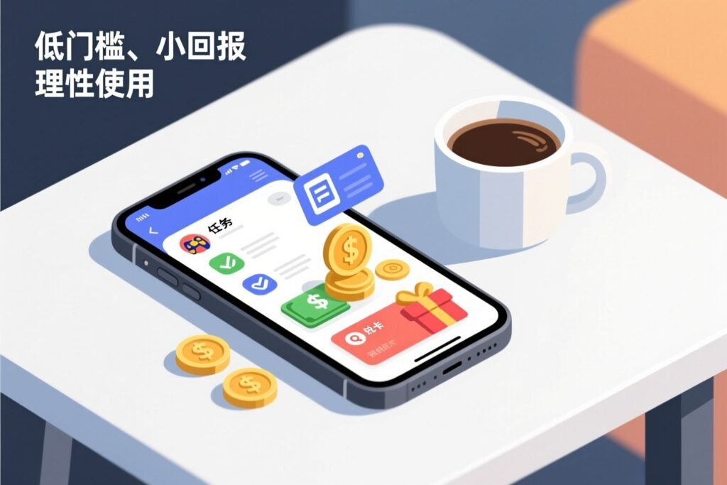 手机屏幕展示做任务赚金币、兑换现金和礼品卡的界面，旁边摆着金币与咖啡；画面文字写着“低门槛、小回报，理性使用”，呼应文章对 Freecash 能否赚钱及实际回报的分析。