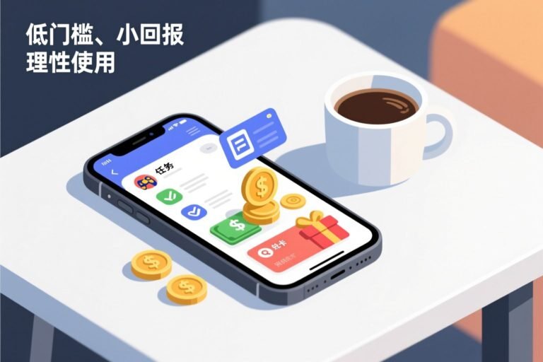 手机屏幕展示做任务赚金币、兑换现金和礼品卡的界面，旁边摆着金币与咖啡；画面文字写着“低门槛、小回报，理性使用”，呼应文章对 Freecash 能否赚钱及实际回报的分析。